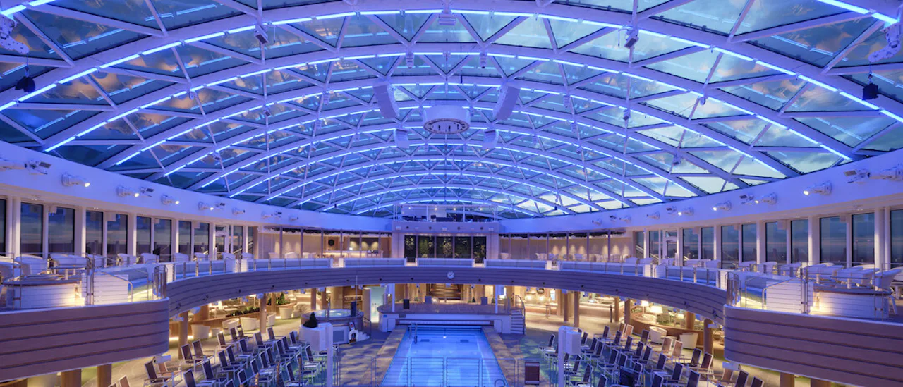When the sun goes down the Skydome on the pool deck comes to life with music, acrobats and projection shows.