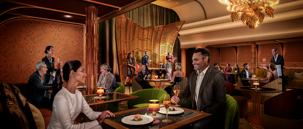 A couple enjoy dinner in the supper club with live jazz music
