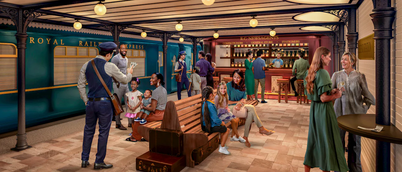 People enjoying drinks in a bar designed to look like a railway station