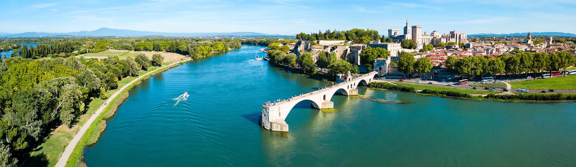 Saint Benezet bridge and Rhone river aerial panoramic view in Avignon, France