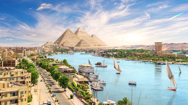 Pyramid Complex in Aswan city by the Nile, aerial view, Egypt