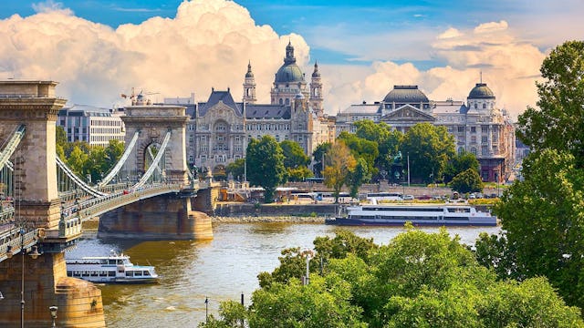 Panoramic view at Chain bridge on Danube river in Budapest city, Hungary. Urban landscape panorama with old buildings and domes of opera budapest