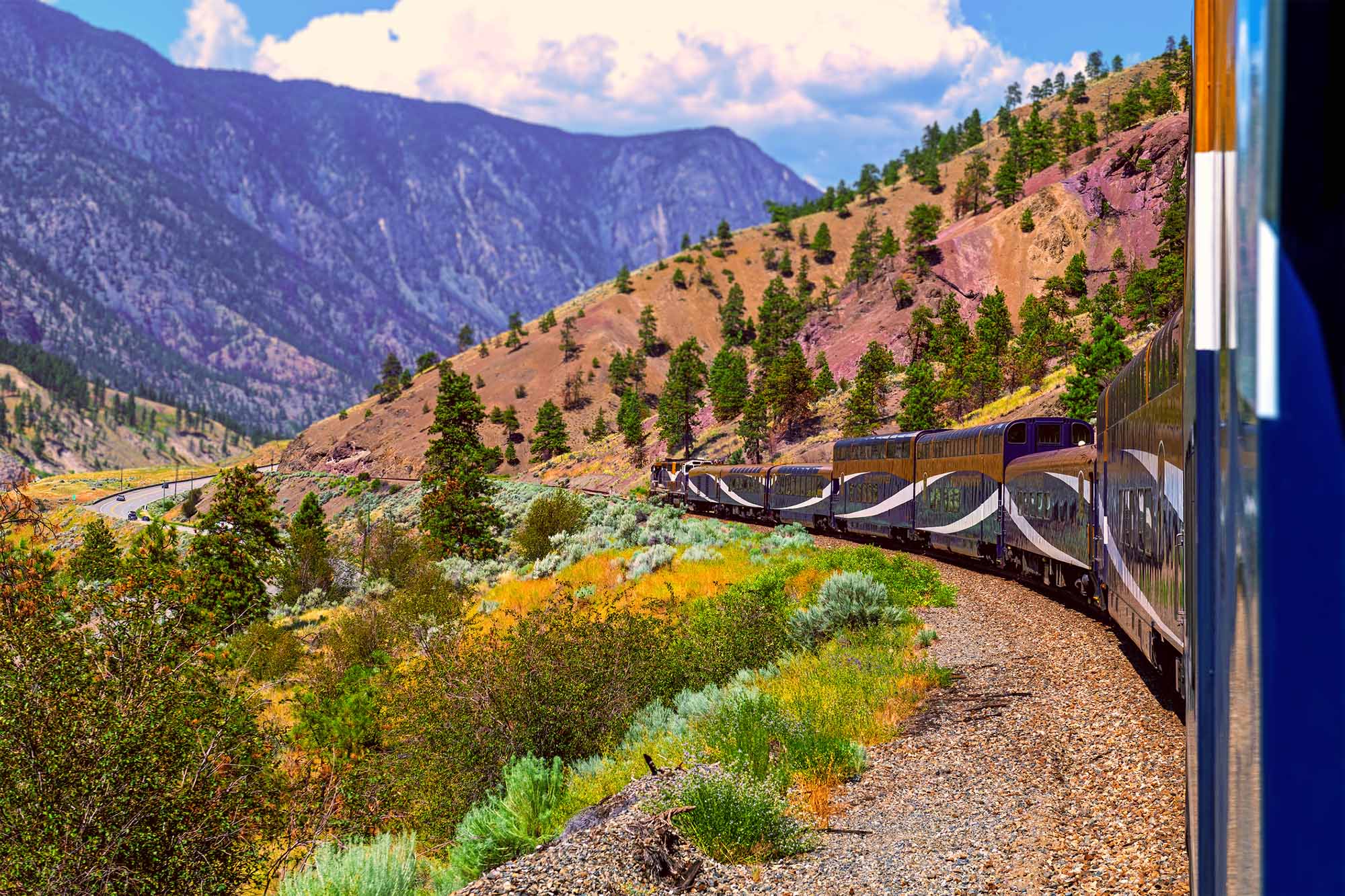 Rocky Mountaineer train riding through the Fraser Valley, British Columbia, Canada