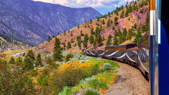 Rocky Mountaineer train riding through the Fraser Valley, British Columbia, Canada