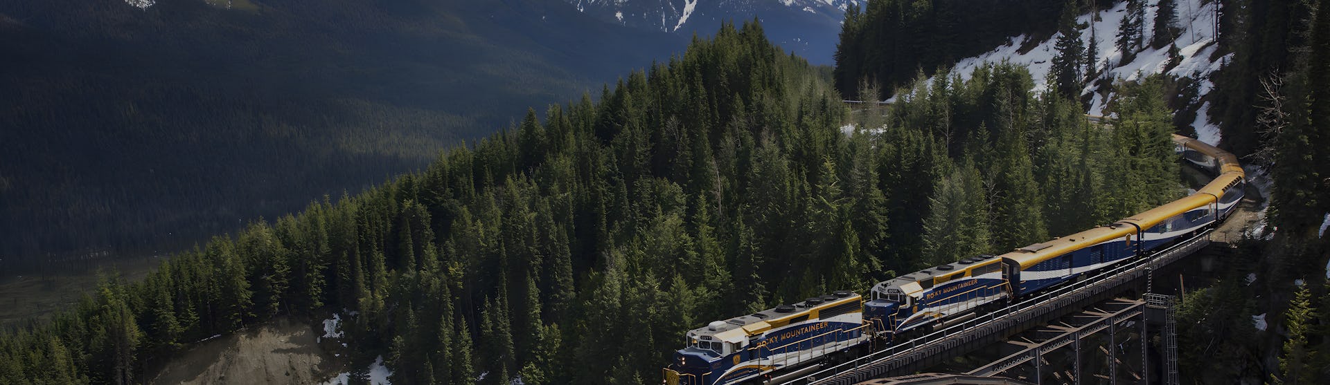 Rocky Mountaineer train riding through the Fraser Valley, British Columbia, Canada