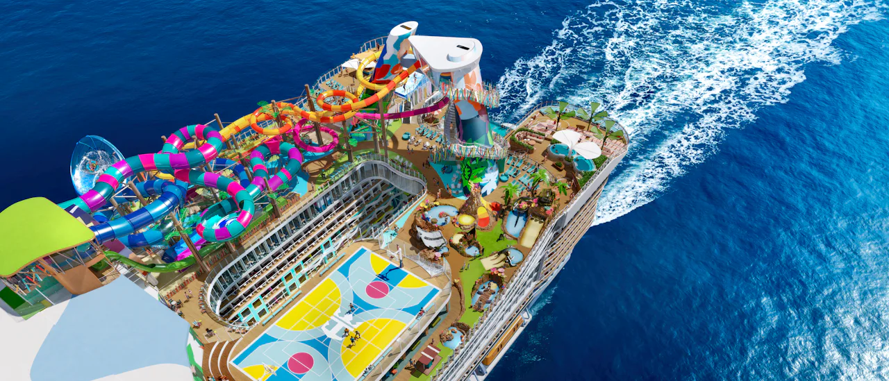 Thrill Island on Legend of the Seas, with waterslides, swimming pools and sports court