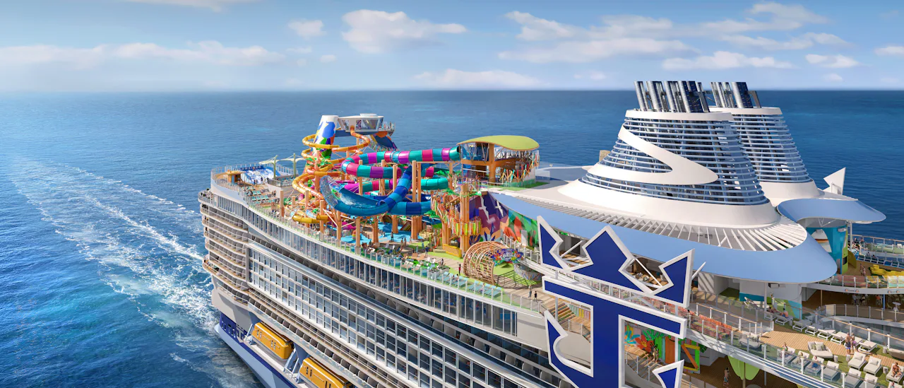 A side view of Legend of the Seas with waterslides and flowrider surf simulator